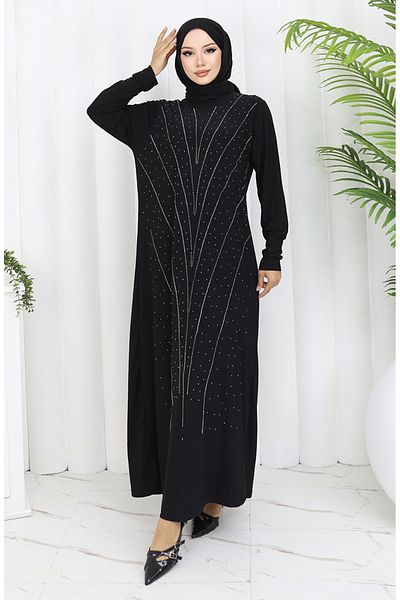 sefamerve Sandy Fabric Stone Evening Dress 2061-02 Black