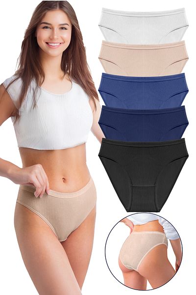 Humaone Women's 100% Cotton 5-Piece Ribbed Waist Bikini Panties Black- Navy- Indigo- White- Skin Bk2-A12