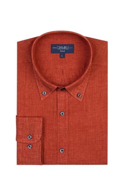Germirli Albini Burnt Orange Color Button Collar Tailor Fit Delave Linen Shirt