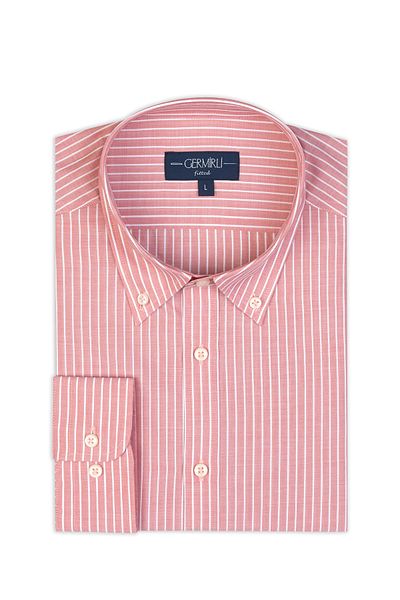 Germirli Albini Salmon Color Striped Button Collar Tailor Fit Cotton Shirt