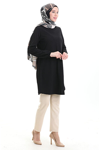 sefamerve Kol Ucu Lastikli Mevsimlik Dökümlü Sade Tunik 8751-01 Siyah
