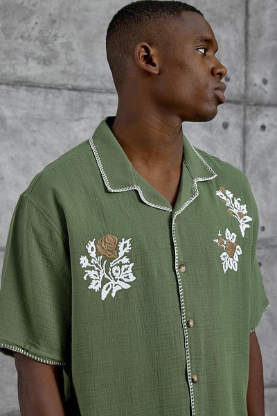 NOMARC Green Oversize Leaf Embroidered Short Sleeve Shirt
