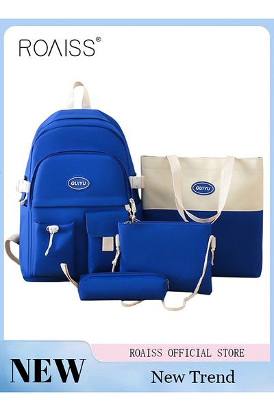 ROAISS 4 Pcs Letter Graphic Colorblock Backpack Set Sweet Large Capacity School Bag Bookbag Shoulder Totes