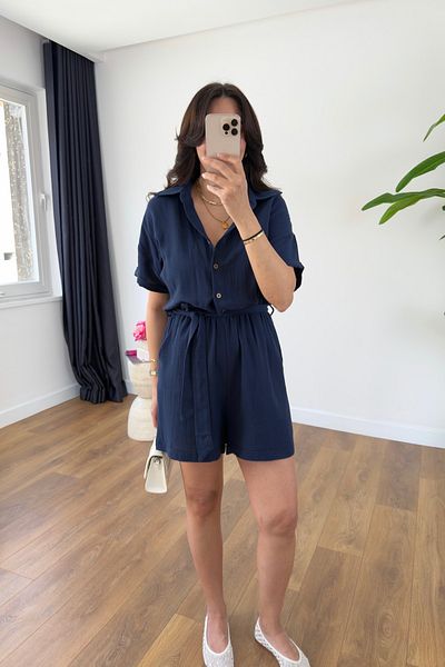 BİRCANÇİL Levna Navy Blue Belted Short Jumpsuit