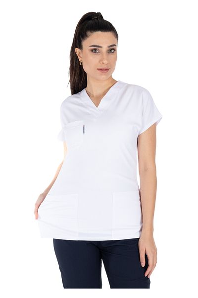 Scrubs Flex White Lycra Thin Summer Fabric Doctor and Nurse Uniform Bat Sleeve Surgical Uniform (Single Top)