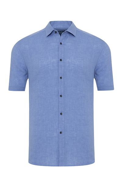 Germirli Blue Soft Collar Tailor Fit Short Sleeve Linen Shirt