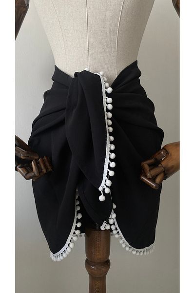 Glowear Atelier Black Pareo with White Pompom Piping Detail