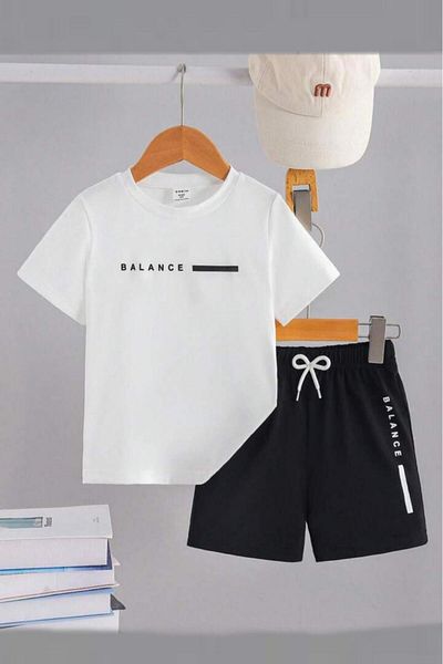 NO 601 Boy's White Balance Printed Tshirt Shorts Bottom-Top Set 5-6 / 11-12 Years Old