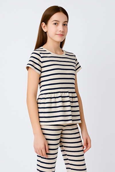 Ramior Girls Navy Blue Striped Ruffle T-Shirt & Pants Two-Piece Set