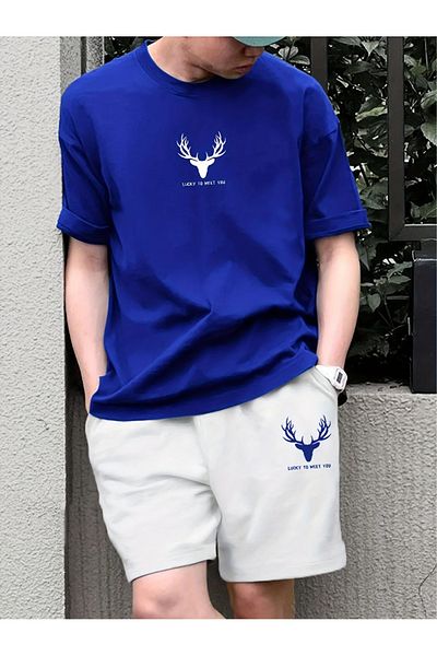 PENTHİLUS Round Neck T-Shirt and Shorts Set, Knitted Fabric, Deer Print