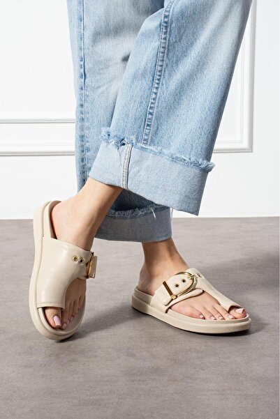 Stilbagshoes Erma Buckle Detail Women's Flip Flops Beige