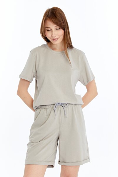 KRAVEN Women's 2-Piece Stone T-Shirt & Double Leg Shorts Set, Combed Cotton, Lycra Fabric Regular Fit