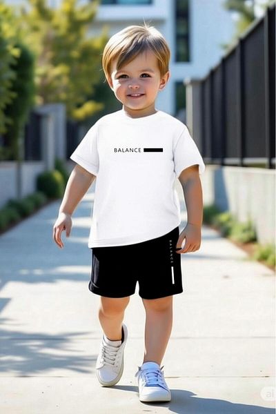 NO 601 Boy's White Balance Printed Tshirt Shorts Bottom-Top Set 5-6 / 11-12 Years Old