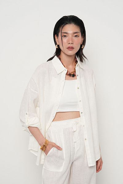 Orfeo Negro Women's 100% Linen Sleeve Button Detail Shirt