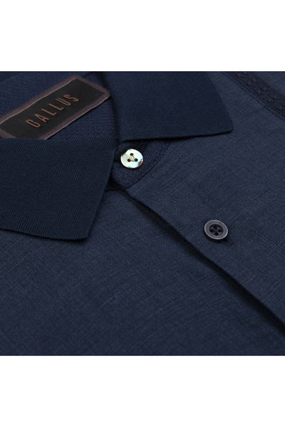 Gallus Navy Blue Polo Collar Patterned Regular Fit Cotton Linen T-Shirt with Pockets