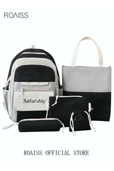 ROAISS 5Pcs Letter Graphic Colorblock Kawaii Backpack Set