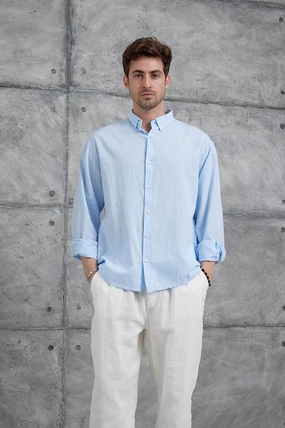 NOMARC Light Blue Gst Linen Oversize Shirt