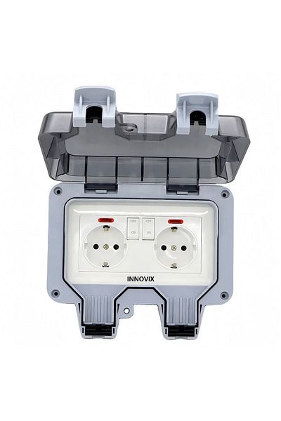 BOEM Priză dublă de exterior INNOVIX, model standard european, 250V/16A, IP66, rezistentă la apă și praf