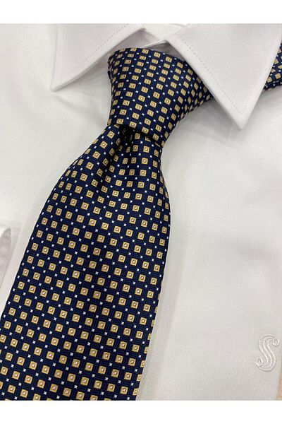 Cacharel Woven Fabric Patterned Mustard Navy Blue Tie