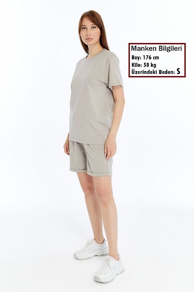 KRAVEN Women's 2-Piece Stone T-Shirt & Double Leg Shorts Set, Combed Cotton, Lycra Fabric Regular Fit