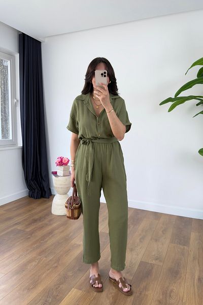 BİRCANÇİL Henika Khaki Belted Jumpsuit
