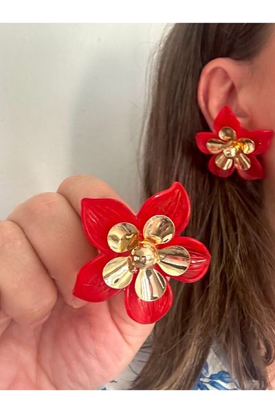 ALS Tasarım Dünyası Women's Red Color Middle Gold Color Flower Earrings