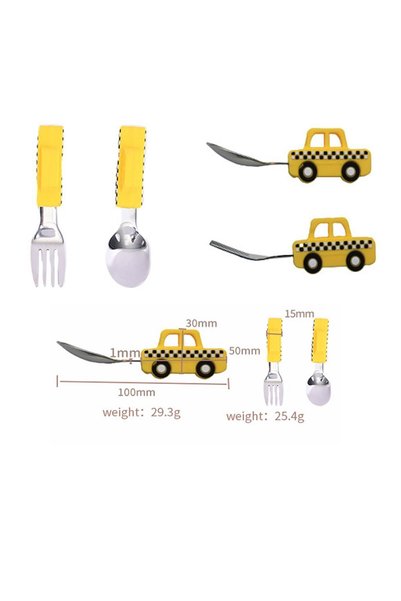 jojobebek Premium Baby Bpa Free Quality Silicone Handle Stainless Steel Tip Spoon-Fork Set with Taxi Figure