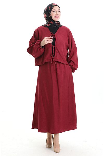 sefamerve Lace Detailed Blouse Skirt Double Set 2066-04 Claret Red