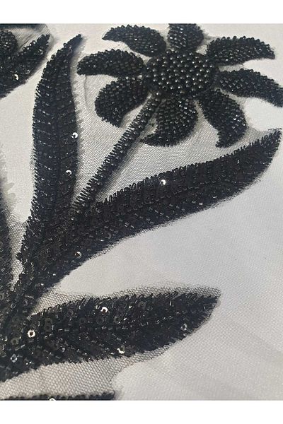 ESRA ŞELEM Black Flower Model Beaded Brode Guipure Applique Sewing Accessory 2 Pieces