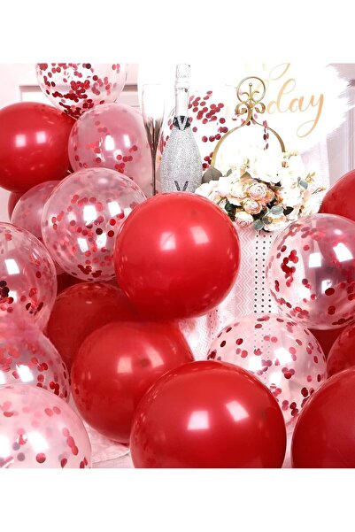 BALON DİYARI 25 Adet Kırmızı, Şeffaf Konfetili Lateks Helyum Balon Seti