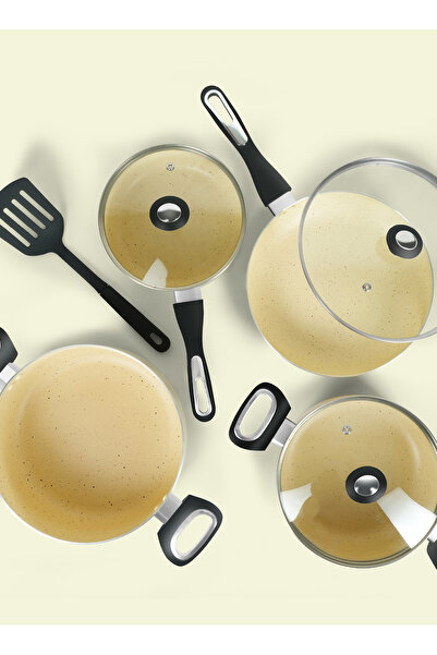 İMPEX Impex 8-Piece Granite Nonstick Cookware Set – Ivory | 3 Casseroles, Frypan & Turner (NCB 7108BG)