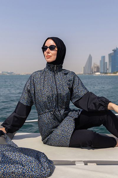 Minel Women's Mustard Black Full Covered Hijab Swimsuit Short Set of 2 -063