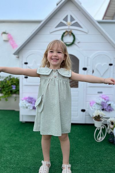Minipodyum Baby Girl Collar Embroidered Bag Holiday Linen Dress