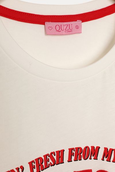 Quzu Tomato Text Printed Heart T-Shirt Ecru