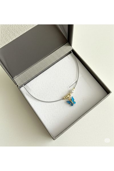Esra Butik Hane Women's Stainless Steel Blue Butterfly Charm & Pearl Detailed Handmade Bracelet