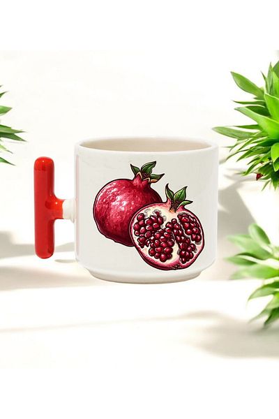 BB TRADE Pomegranate Designed Red T-Handle Ceramic Printed Mug 250 ml