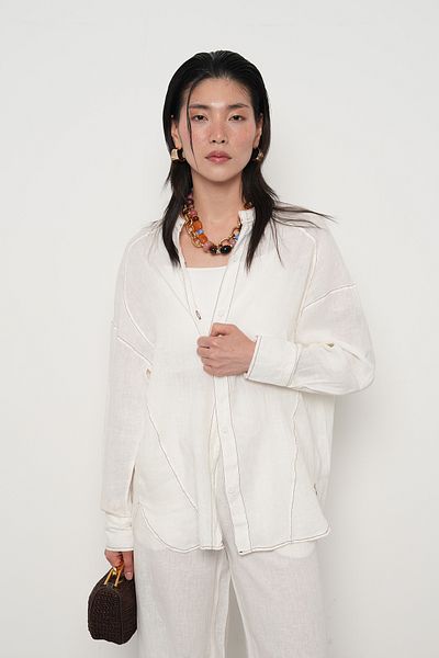 Orfeo Negro Women's 100% Linen Judge Collar Shirt with Cord Detail