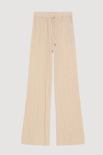 Quzu Wrinkled Look Elastic Waist Trousers Beige