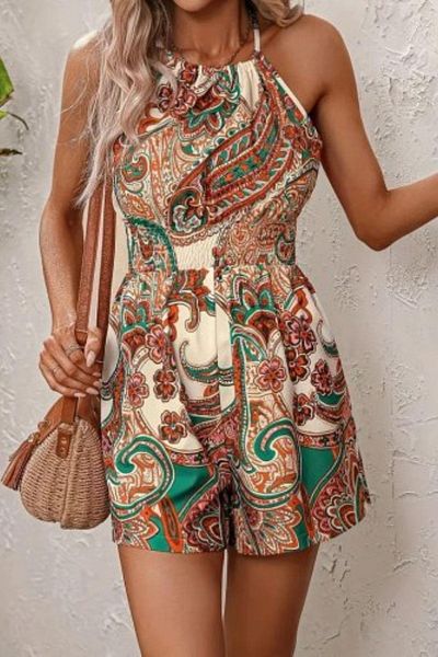Mossta Halter Neckline Elastic Waist Patterned Shorts Jumpsuit - Yellow