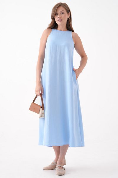 Saade Blue Crew Neck Pocket Salopet Form Dress