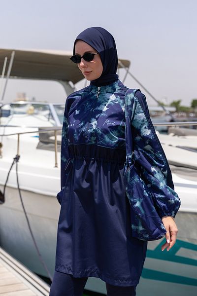 Minel Women's Navy Blue Full Covered Hijab Swimsuit Short Set of 2 K-059