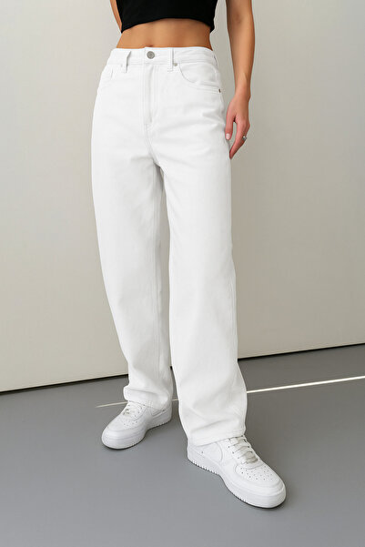 Bigowl Kadın Beyaz Salaş Jeans Salaş Beyaz Kot Pantolon Palazzo Julia