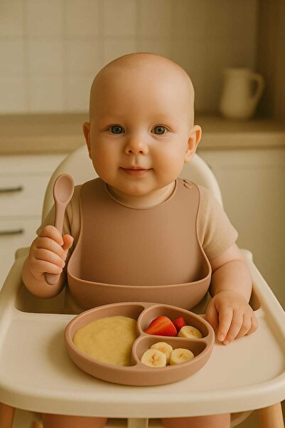 CKM silikon 3’lü Silikon Beslenme Seti-silikon Mama Önlüğü, Vakumlu Tabak, Di...