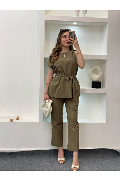 My Blog Khaki Shoulder Twist Detailed Blouse Trousers Set - 8644