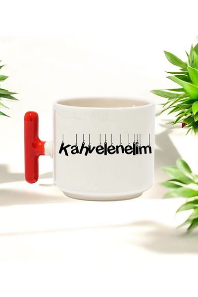 BB TRADE Let's Drink Coffee Designed Red T-Handled Ceramic Printed Mug 250 ml
