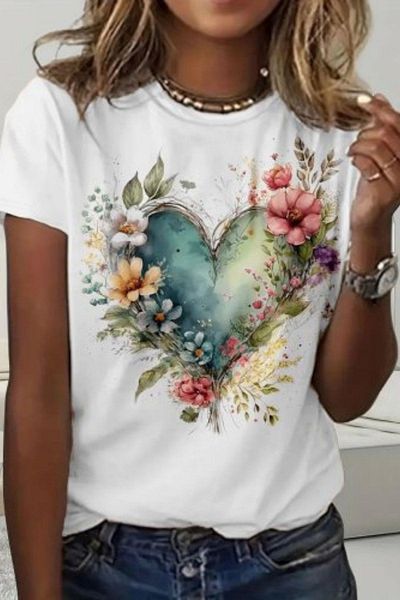 Mossta Short Sleeve Crew Neck Heart Patterned Single Jersey Blouse - White