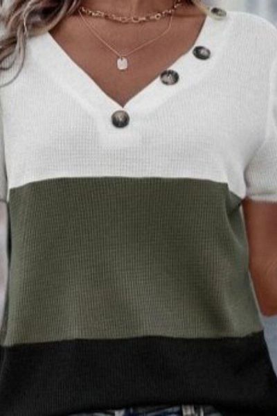 Mossta V-Neck Buttoned Color Block Blouse - White