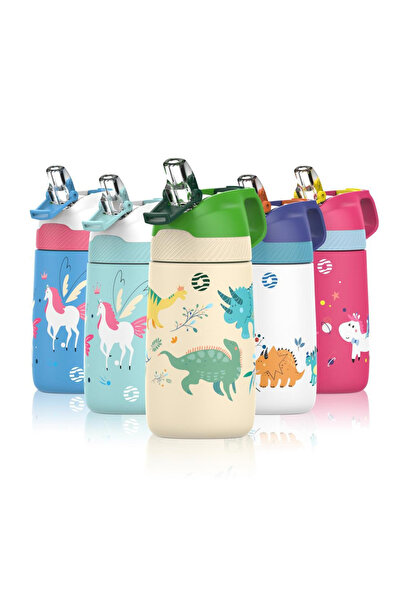 Vagonlife 350ml Pipetli Dinazor Desenli Paslanmaz Termos Çift Duvarlı Yalıtımlı Matara