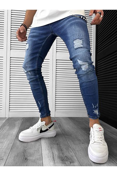 dehaine Blugi lungi, pentru barbati, slim fit, cu aspect decolorat si rupturi, 6123, albastru
