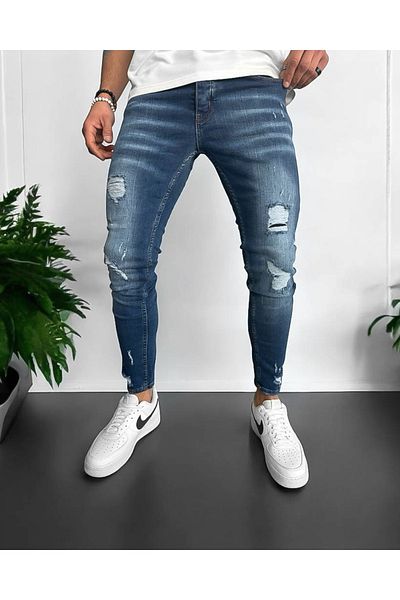 dehaine Blugi lungi, pentru barbati, slim fit, cu rupturi, 6123a, albastru